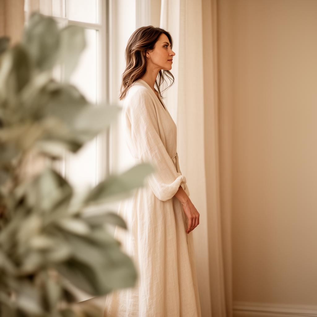 Mulher em linho neutro elegante, junto à janela