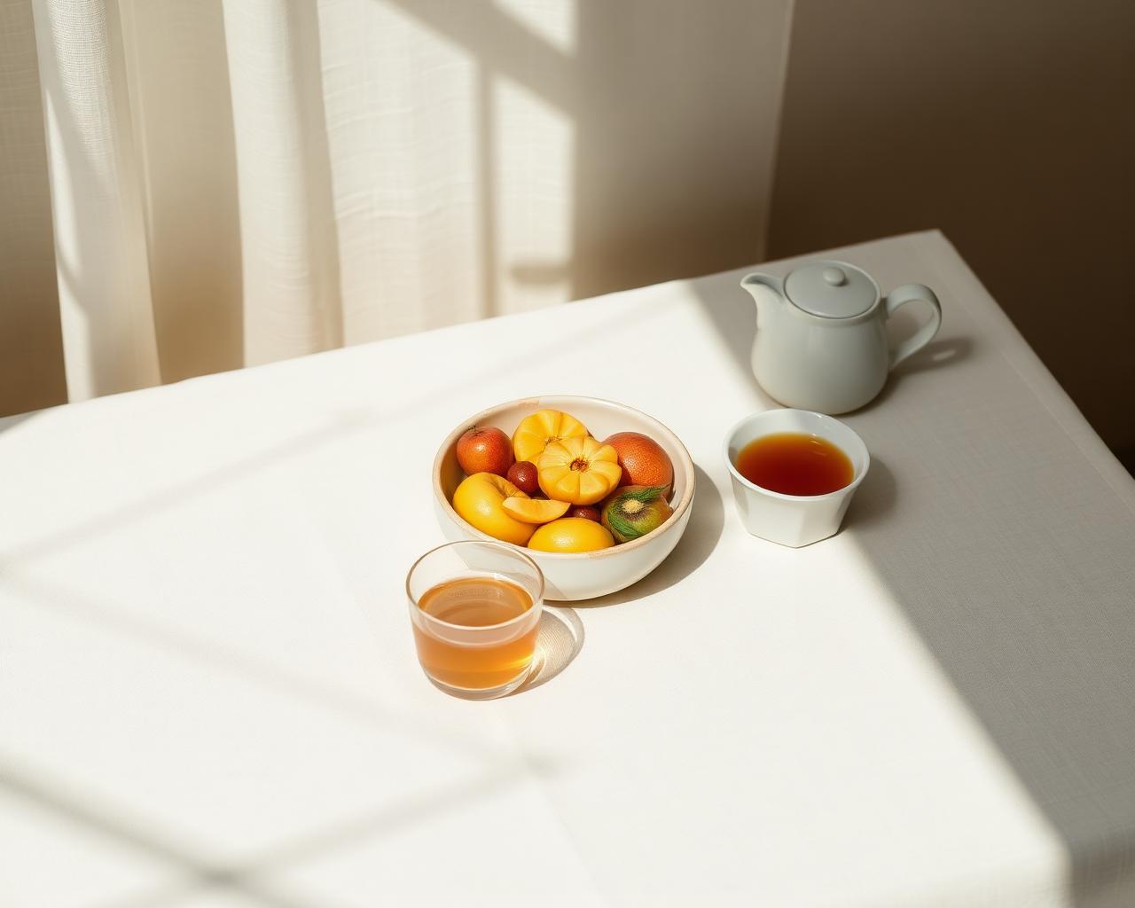Mesa servida com frutas e chá em luz natural