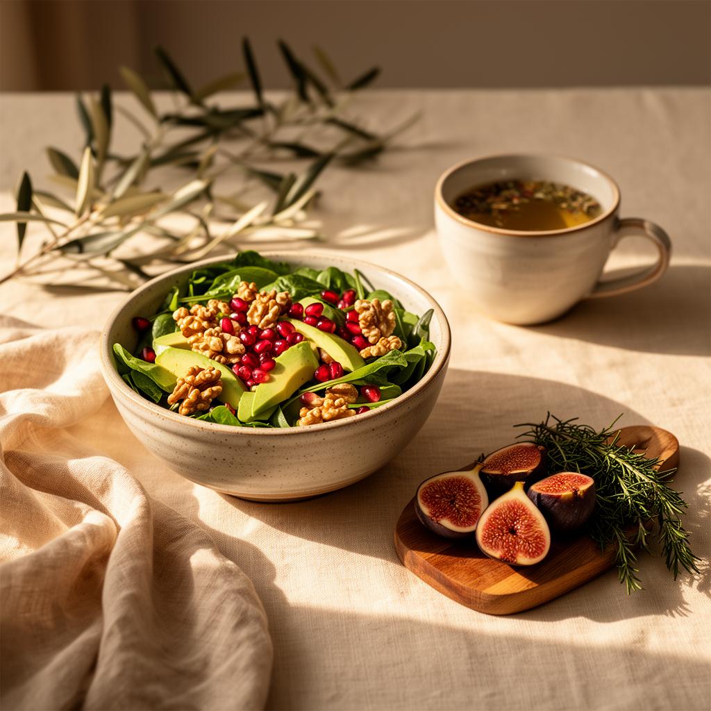 Mesa com alimentação integrativa e elementos naturais sob luz suave